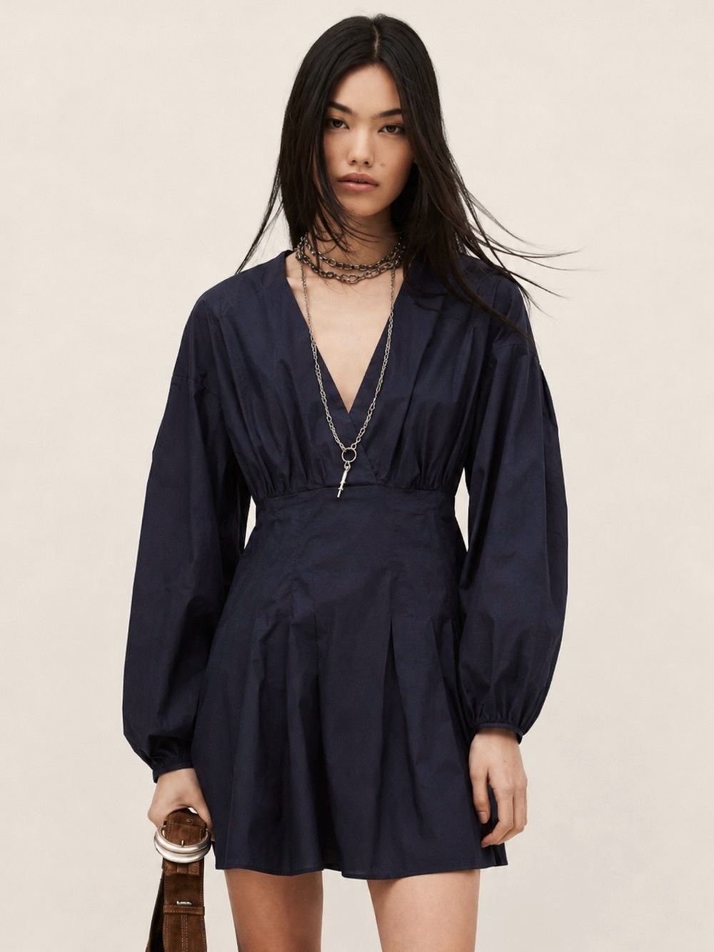 ba&sh Navy V‑neck Long Sleeve Mini Dress with Voluminous Sleeves